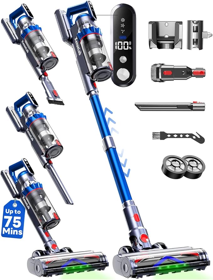 Cordless Vacuum Cleaner 75Mins/55KPa/650W Self-Standing Stick Vacuum Cleaners for Home Rechargeable Lightweight Cone Filtration&ampAnti-Tangle for Hard Floor Carpet Hardwoods Pet Hair