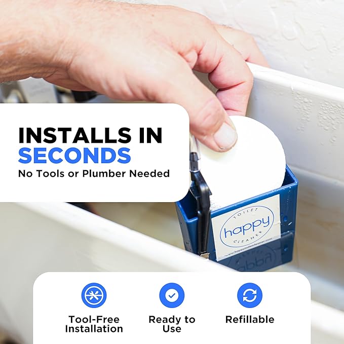 Happy Toilet Cleaner - 2 Automatic Toilet Bowl Cleaner Toilet Tablet Holder &amp 12-Pack Ultra-Strength Cleaner Tablets - Easy to Install Self-Cleaning Toilet System Deep Clean with Every Flush
