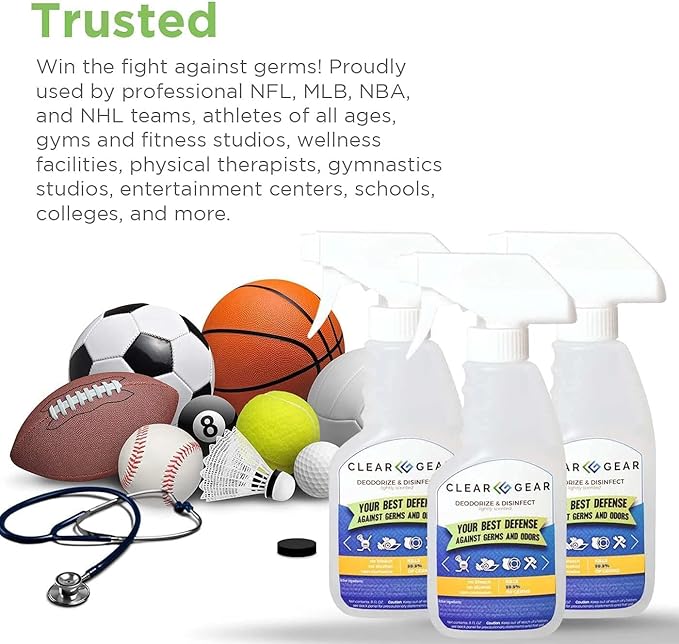 Clear Gear Disinfectant Cleaner and Deodorizer For Sports Equipment Gyms and Fitness Centers - EPA-Registered Hospital Grade Made in USA - 1-Pack of 32 Oz Bottle Disinfecting Spray