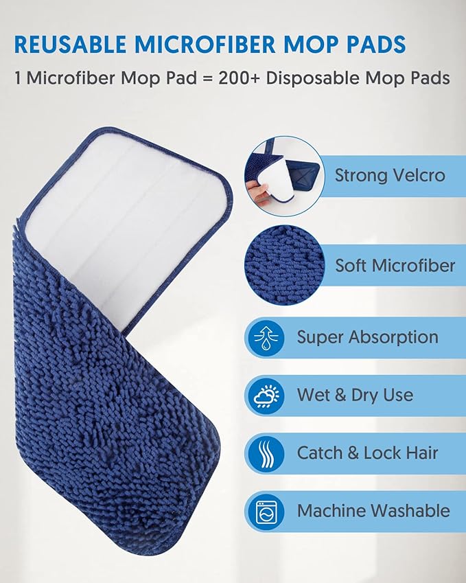 Grey Flat Floor Mop with 4 Washable Microfiber Pads for Mopping+ Blue Flat Floor Mop with 4 Reusable Chenille Pads for Dusting
