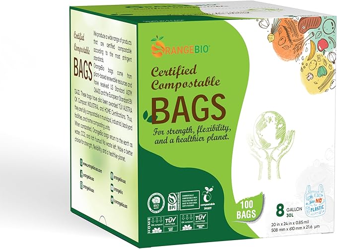 OrangeBio 6-8 Gallon Compostable Trash Bags 100 Count Kitchen Food Waste &amp Compost Bin Liners Plant-Based Garbage Bags BPI ASTM D6400 &amp TÜV OK Compost Home Certified