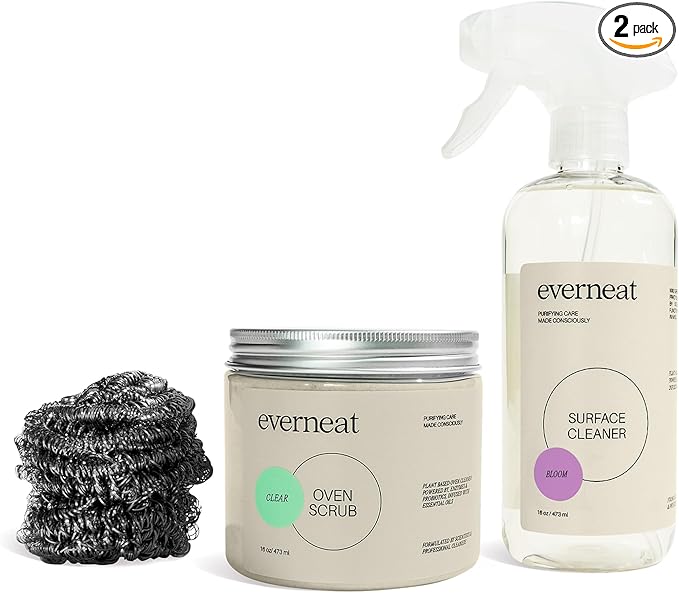 Everneat Oven Cleaning Kit: Natural Oven Cleaner and Kitchen Cleaner | Heavy Duty Oven Cleaner &amp Oven Rack Cleaner Kit | Fume-free &amp Safe to Clean All Ovens (Bloom) | Refillable Plastic Jar &a