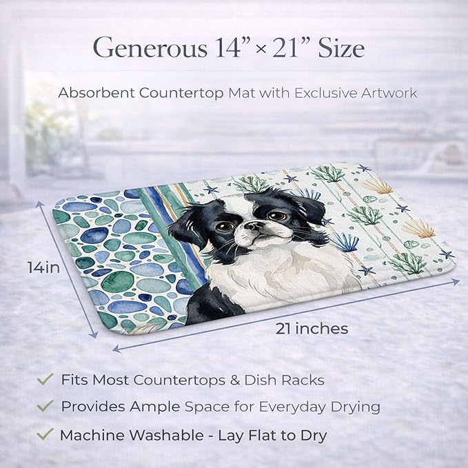 Caroline's Treasures Black and White Japanese Chin Coastal Sea Glass Dish Drying Mat Absorbent Dish Drying Mat Pad for Kitchen Counter Dish Drainer Mat for Countertop 14 x 21 Multicolor