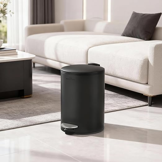 mVm Bathroom Trash Can3.2 Gallon/12 Lliter Step Round Trash Can with Lid and Foot PedalSoft-Close.Stainless Steel Garbage Can for BathroomBedroomOfficeLiving Room (Matte Black)