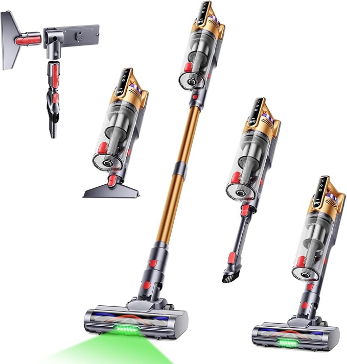 Trucozie Cordless Vacuum Cleaner Self-Standing Lightweight Stick Vacuum with 50 mins Runtime Powerful Suction Anti-Tangle Wireless Vacuum for Home Hardwood Floor Carpet Pet Hair Gold