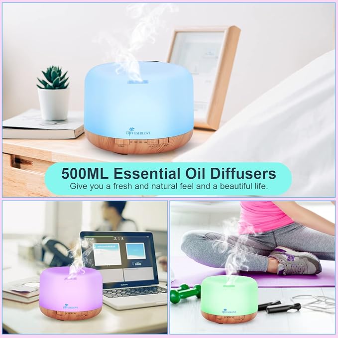 Diffuserlove Diffuser Essential Oil Diffusers 500ML Remote Control Aroma Diffuser Cool Mist Aromatherapy Diffuser with Mute Design Timer and Auto Shut-Off for Office Living Room Yellow