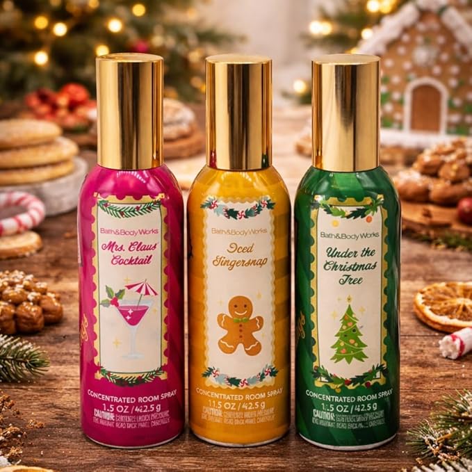 Bath &amp Body Works WINTER HOLIDAY Scents – UNDER THE CHRISTMAS TREE MRS. CLAUS’ COCKTAIL and ICED GINGER SNAP Concentrated Room Spray 3pc Gift Sets 1.5oz w/ 30-In Christmas-Themed Puppy Burlap Rib