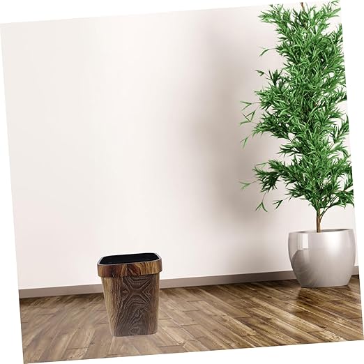 Square Trash Can with Faux Wood Grain Pattern Lidless Plastic Wastebasket with Removable Press Ring for Convenient Bag Attachment Rustic Vanity Waste Bin for Office Bedroom Kitchen
