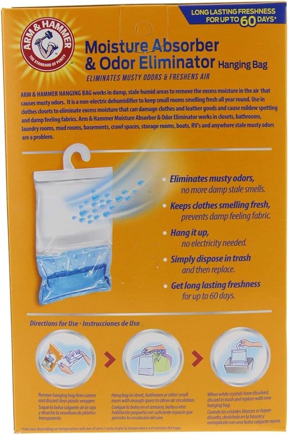 Arm &amp Hammer Moisture Absorber &amp Odor Eliminator 16oz Hanging Bag 4 Pack (8 Bags Total) Eliminates Musty Odors &amp Freshens Air for Closets Laundry Rooms Mud Rooms
