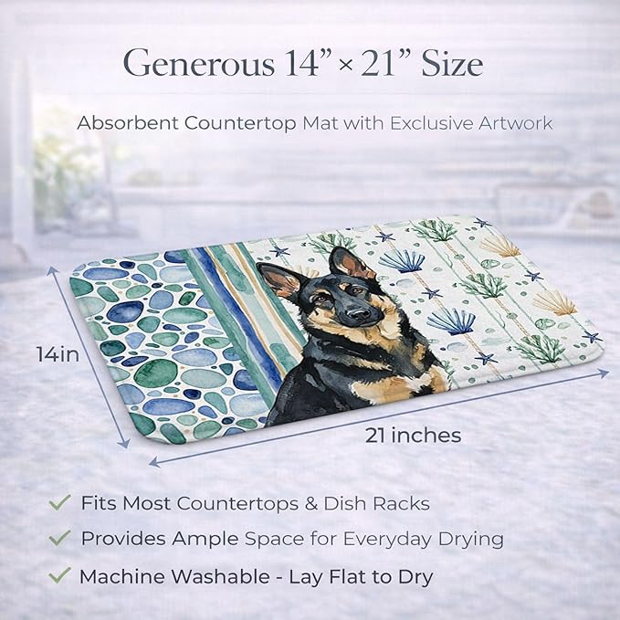Caroline's Treasures Black and Tan German Shepherd Coastal Sea Glass Dish Drying Mat Absorbent Dish Drying Mat Pad for Kitchen Counter Dish Drainer Mat for Countertop 14 x 21 Multicolor