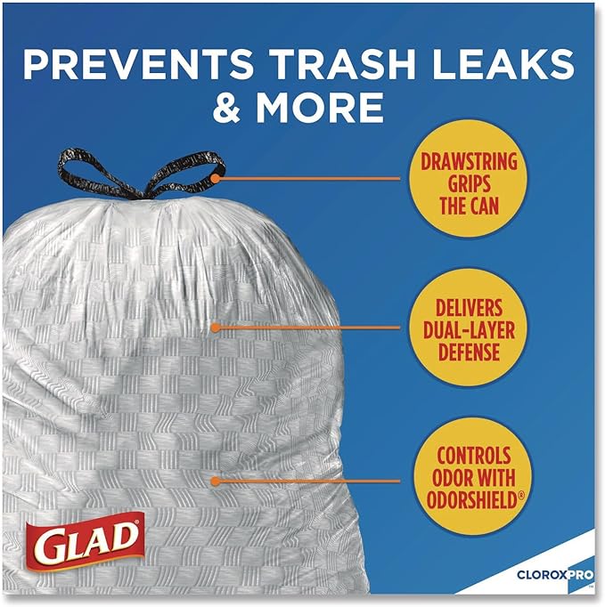 Glad ForceFlexPlus Tall Kitchen Drawstring Trash Bags -13 Gallon White Trash Bag OdorShield -100 Count (Packaging May Vary) Pack of 6