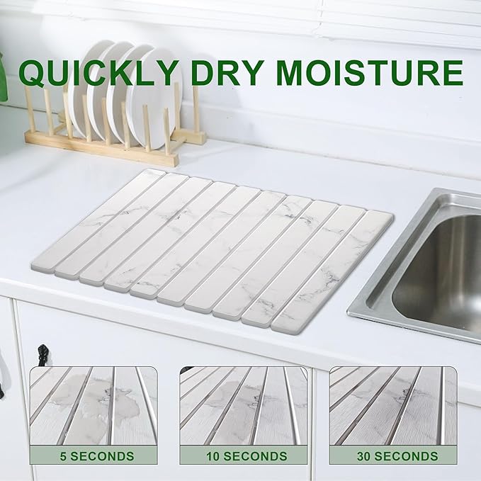 Large Stone Dish Drying Mat for Kitchen Counter 24×16 Quick Dry Collapsible Diatomaceous Earth Mat – Super Absorbent Foldable Drying Pad for Dishes (Marble White 23.2 x 15.4)