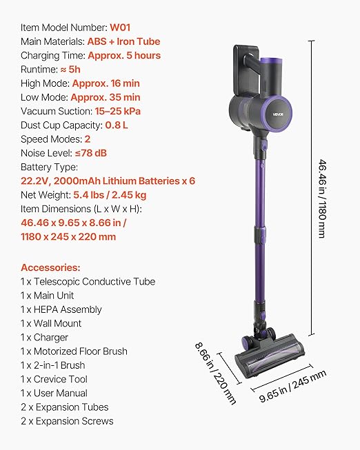 VEVOR Cordless Vacuum Cleaner 25KPA Max Powerful Suction Rechargeable Anti-Tangle Stick Vacuum with Dust Cup Lightweight Handheld Vac with 35mins Runtime for Home Carpet Pet Hair Hard Floor