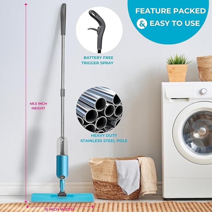 True &amp Tidy® SPRAY-250 Multi-Surface Spray Mop with Refillable Water Bottle for Floor Cleaning Works on Wood Tile Marble etc Use Any Cleaning Solution Machine Washable Microfiber Mop Pads Bl