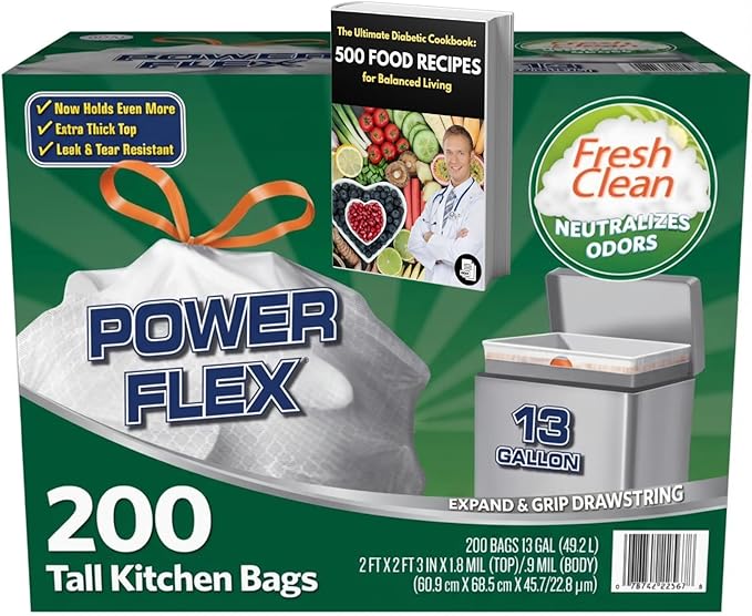 Power Flex 13-Gallon Tall Kitchen Trash Bags – 200-Count Drawstring Can Liners Fresh-Scented Heavy-Duty &amp Tear-Resistant for Kitchen Home &amp Household Waste