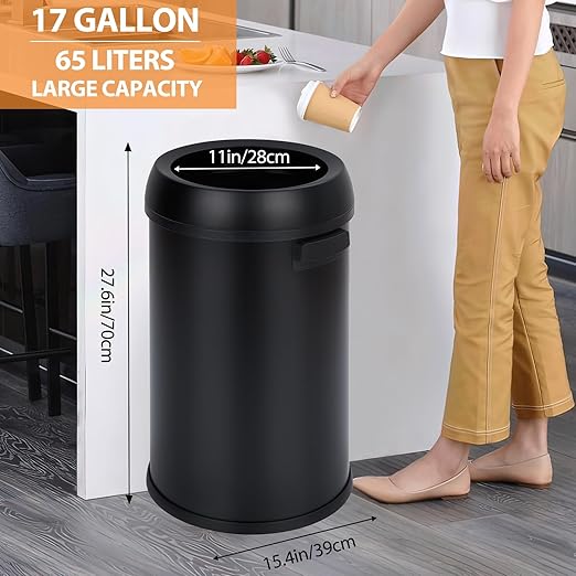 GarveeHome 17 gal/65 L Open Top Trash Can Stainless Steel Rubbish Bin Commercial Grade Waste Container Round Garbage Can for Outdoor Home Office Restaurant Black