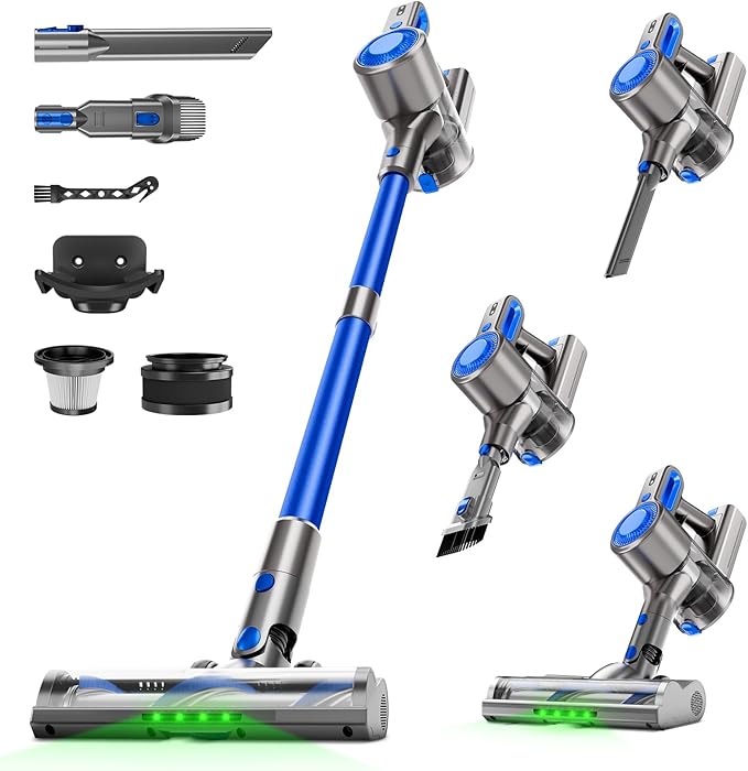 Cordless Vacuum Cleaner for Home Powerful Stick Vacuum with Rechargeable Battery Green Light Anti-Tangle Brush 6-in-1 Lightweight Handheld Vacuum for Pet Hair Hard Floor Carpet Blue