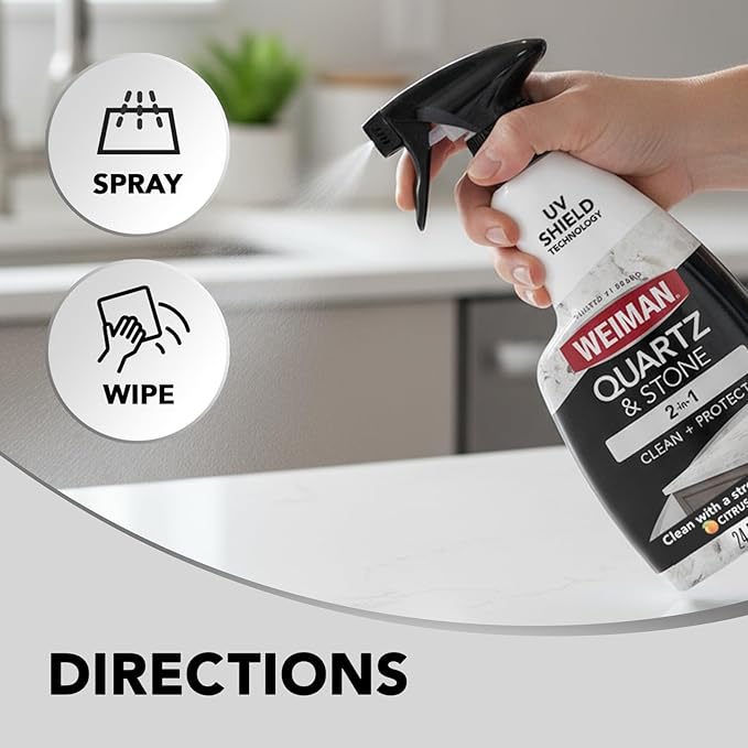 Weiman Quartz Countertop Cleaner and Polish - Clean and Shine Your Countertops Islands and Stone Surfaces with UV Protection 24 Ounce with MicroFiber Towel 2 Pack