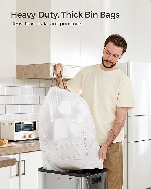 SONGMICS Trash Bags for 12-14.5 Gallon (45-55L) Trash Cans 120 Count Drawstring Kitchen Garbage Bags Pre-Separated Liner Code 055A01 3 RollsWhite UKRB055A03
