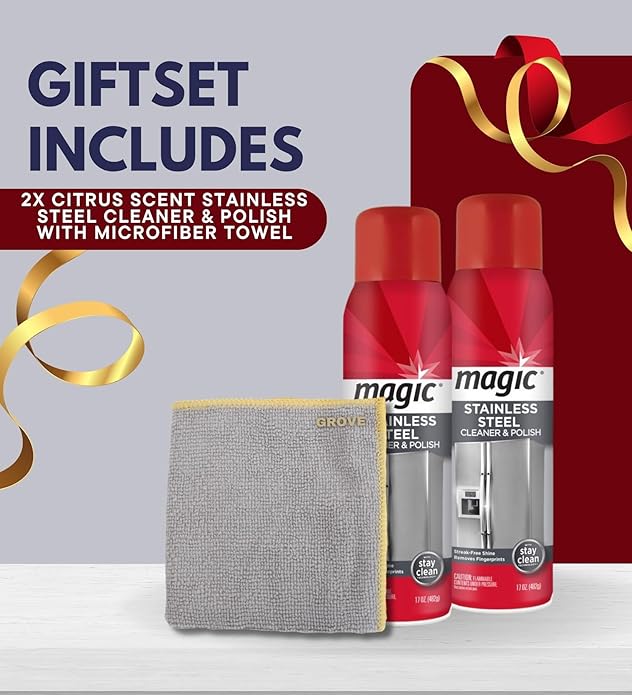 Magic Stainless Steel Cleaner &amp Polish Spray 17 oz Bundle with Microfiber Cloth - Foaming Formula for Easy Cleaning of Appliances Sinks and Chrome Surfaces - Gift Set (3 Items)