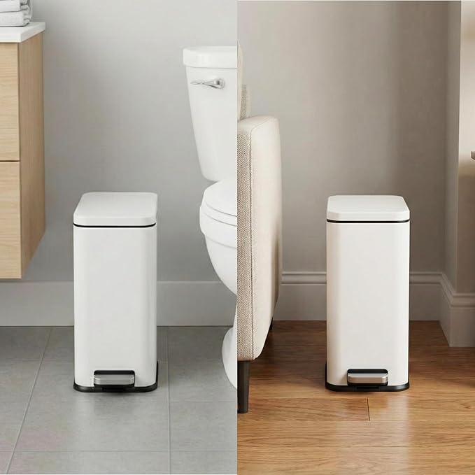 iTouchless 3 Gallon Small Wastebasket for Bathroom with Lid Deodorizer Soft-Step Stainless Steel Slim Garbage Bin 11.5L White Small Trash Can Step Pedal Minimalist Nursery Decor for Clinic &amp