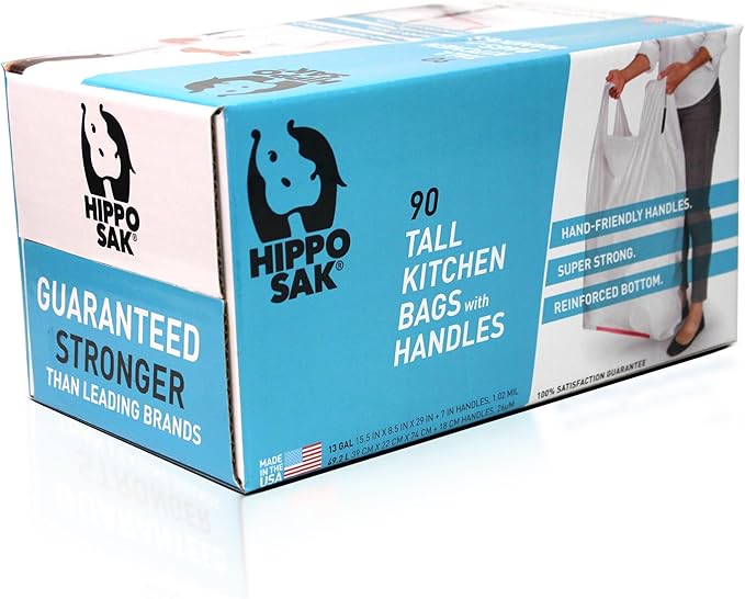 Hippo Sak - Tall Kitchen Garbage Bags with Ergonomic Handles - 13 Gallon Trash Bags - Super Strong Patented Reinforced Bottom and Leak Proof Tall Kitchen Trash Bags - Heavy Duty Trash Bags (90 Count)