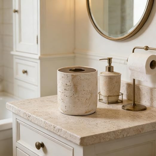 Natural Travertine Textures Mini Trash Can with Rose Gold Stainless Steel Lid Mini Countertop Trash Can for Bathroom Kitchen Desk or Table top Mini Garbage Can Resin Tiny Waste Basket for Vanity