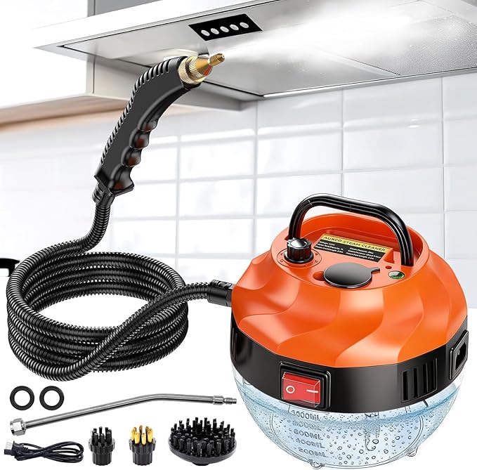 Steam Cleaner 2500W High Pressure Steam Cleaner for Home Steamer for Cleaning with 3 Brush Heads 2 washers and Extended Rod Handheld Steam Cleaner for Upholstery Kitchen Bathroom (Orange)