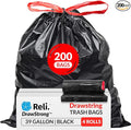 Reli. 39 Gallon Trash Bags Drawstring (200 Count Bulk) Large 39 Gallon Heavy Duty Drawstring Trash Bags - Black Garbage 39Gal Capacity Lawn Leaf (39Gal)
