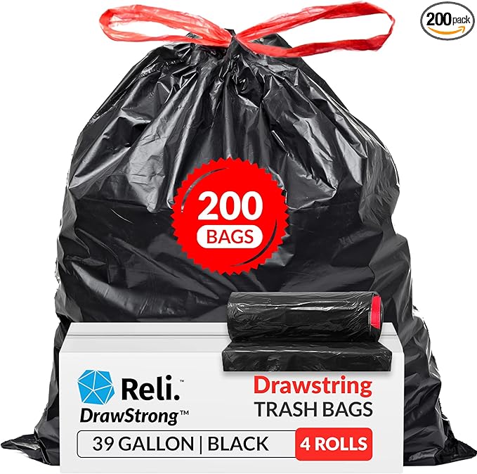 Reli. 39 Gallon Trash Bags Drawstring (200 Count Bulk) Large 39 Gallon Heavy Duty Drawstring Trash Bags - Black Garbage 39Gal Capacity Lawn Leaf (39Gal)