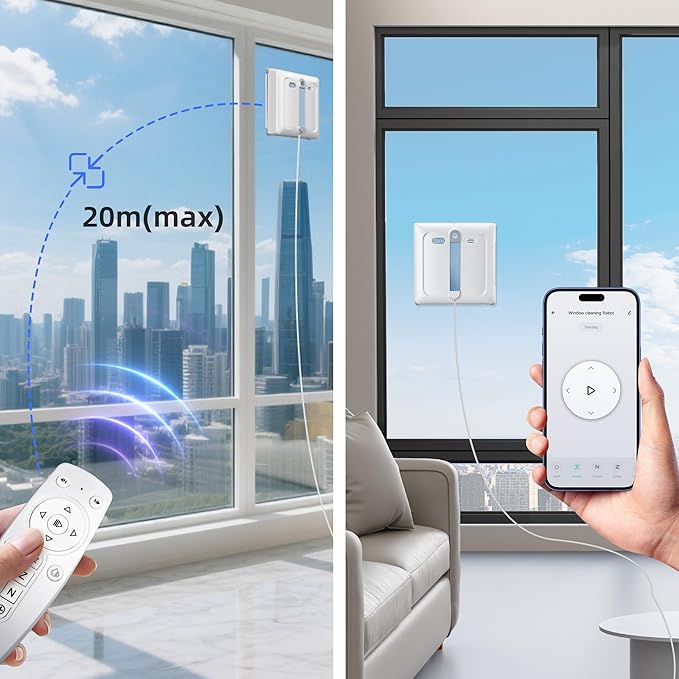 Window Cleaning Robot - Patented DualFore Tech Turbo Roller Brush + Microfiber Pad Combo Cleaning 6 Wide-Angle Spray Nozzles AI Nav Multi-Layer Safety App/Remote Control