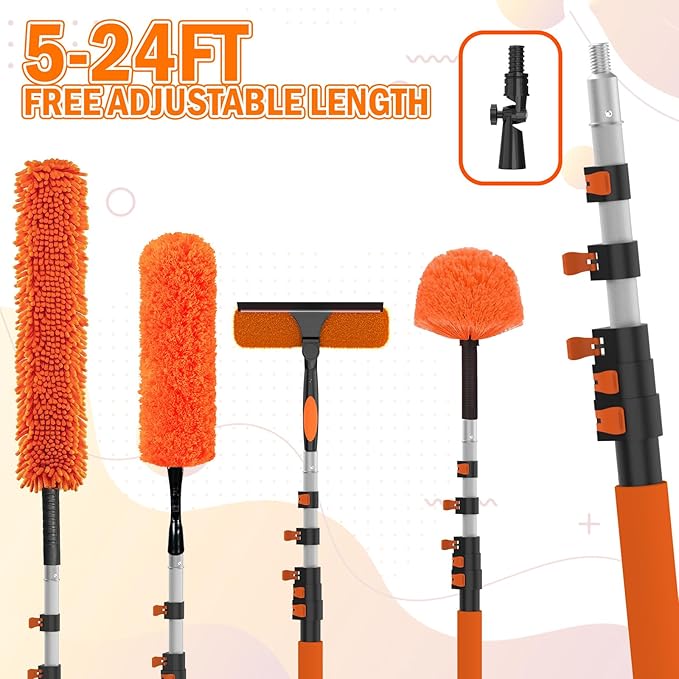30FT High Reach Duster Cleaning Kit with Extension Pole High Ceiling Fan Cleaner Duster Tool for Fan Blades Window Washing Kit with Microfiber Feather Duster &amp Window Squeegee