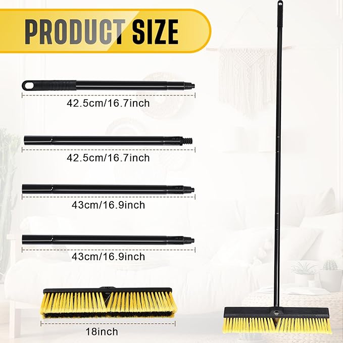 Zhehao 10 Pack 18 Inches Push Broom Outdoor Multi Surface Garden Brush Broom with Adjustable 63 Long Handle for Deck Driveway Patio Warehouse Garage Yard Concrete Floor Cleaning (Yellow)
