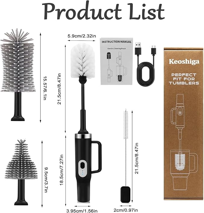 5 in 1 Electric Bottle Brush Cleaner Compatible Stanley Bottle Brush Straw Cleaner Multifunction Rechargeable IPX6 Waterproof Extra Long Design for Stanley Cup Sports Bottle and More (Black)