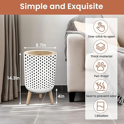 Bathroom Trash Can with Lid Polka dot Abstract Black White Seamless Dotted Cute Artistic Doodle Garbage Bin Waste Basket for Kitchen Office Bedroom Decoration Diaper Pail 1.8 Gallon