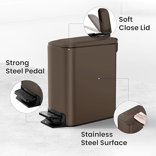 Cesun Small Bathroom Trash Can with Lid Soft Close Step Pedal 6 Liter / 1.6 Gallon Stainless Steel Garbage Can with Removable Inner Bucket Anti-Fingerprint Finish (Brown)
