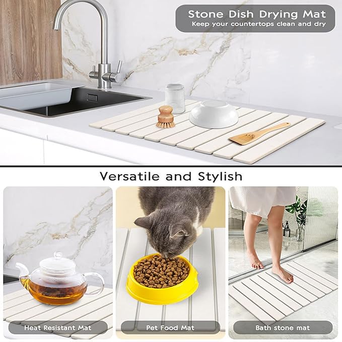 Stone Drying Mat for Kitchen Counter Stone Dish Drying Mat Foldable Super Absorbent Diatomaceous Earth Quick-drying Draining Mat for any Kitchen Countertop (White B 23.6”x15.4”)