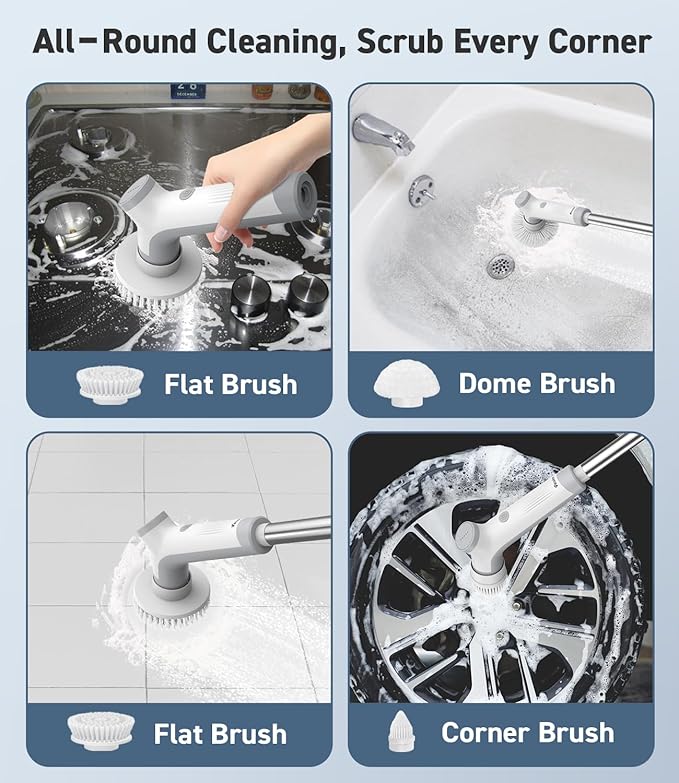 VEWIOR Electric Spin Scrubber Cordless Cleaning Brush with 3 Adjustable Angle 2 Speeds 3 Replaceable Brush Heads for Floor Bathroom Tub Tile Kitchen Window