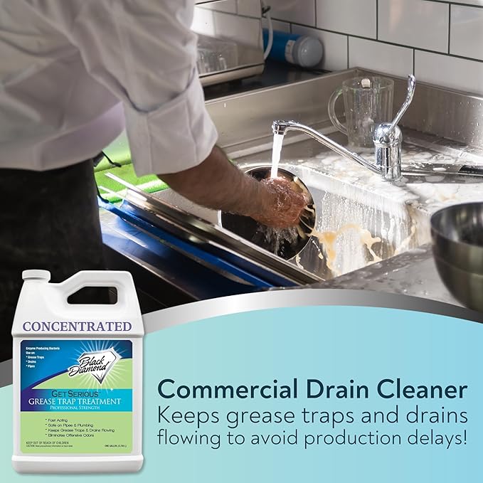 Black Diamond Stoneworks GET SERIOUS Grease Trap Treatment. Commercial Enzyme Drain Opener Odor Control Enzyme for Grease Trap Cleaner and Maintenance. Eliminates Build-Up Odor and drain grease.