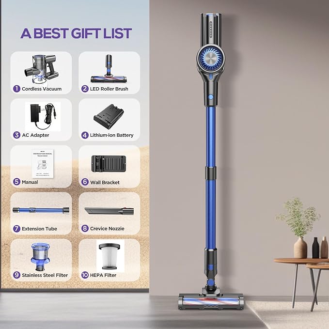 Cordless Vacuums 80000PRM Powerful Motor Vacuum Cleaner and 2200mAH Rechargeable Battery up to 35 Mins Worktime 2 Adjustable Modes Detachable Parts Wireless Stick Vacuum (Deep Blue)