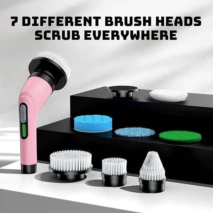 Electric Spin Scrubber - Cordless Bathroom Scrubber with 7 Brush Heads - Dual Speed IPX7 Waterproof Power Scrubber for Heavy-Duty Bathtub Glass Tile and Car Cleaning (Pink)