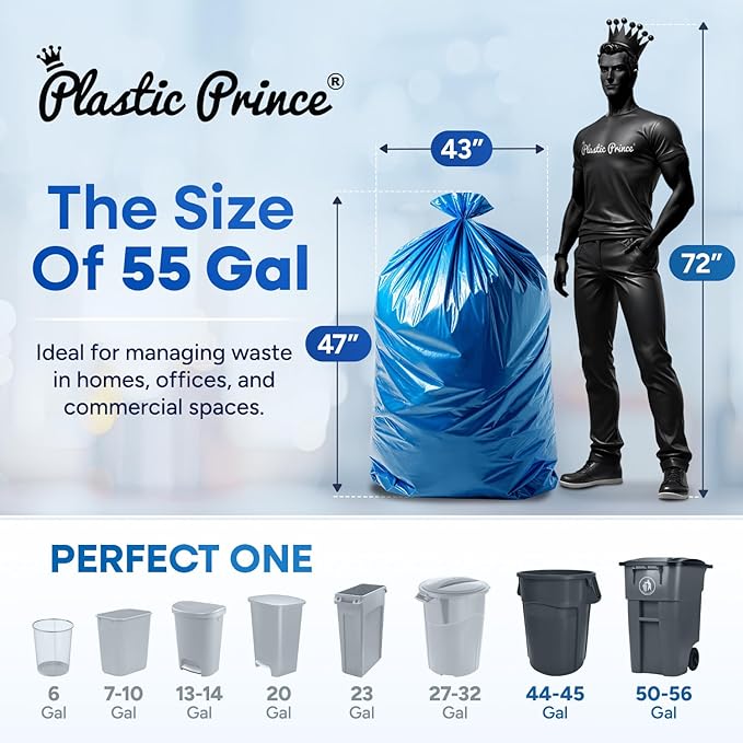 55-60 Gallon Trash Bags Heavy Duty 1.5 Mil Fits Rubbermaid Brute Rollout Round and Square 32-55 Gallon Trash Cans 43 x 47 Large Durable Garbage Trash Can Liners Blue Pack of 100
