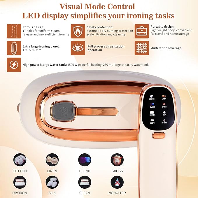 Portable 1500W Handheld Garment Steamer – 20s Rapid Heat-Up 17 Steam Vents 8 One-Touch Fabric Modes 260 mL Tank for Home Travel &amp Business