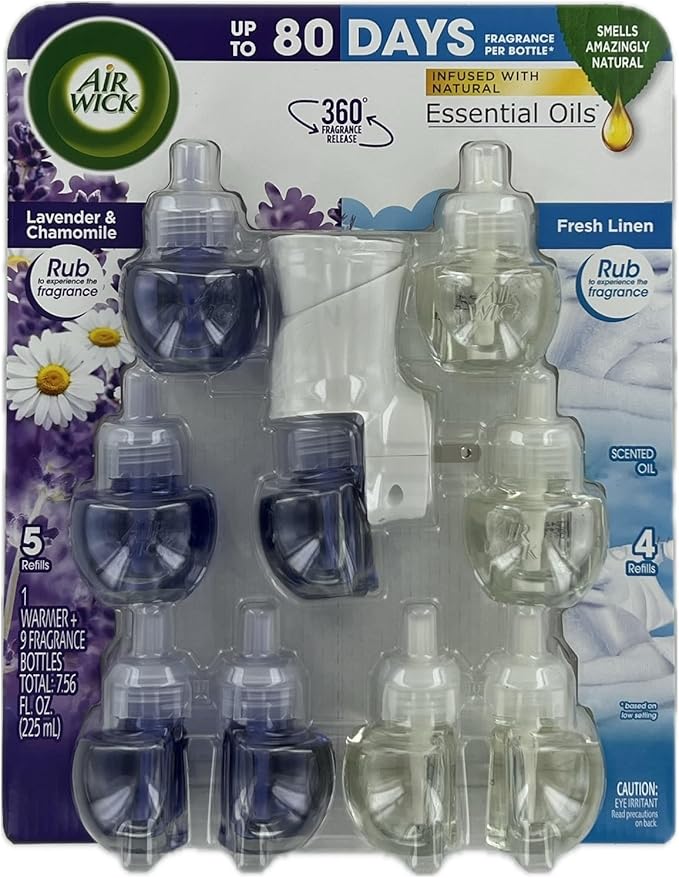Airwick Essential Oils Air Freshener 1 Unit with 9 Refills (Lavender &amp Linen)