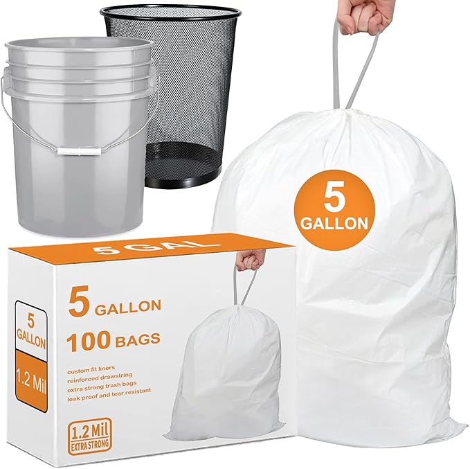 5 Gallon Heavy Duty Trash Bags 1.2 Mil Thick with Reinforced Drawstring | Compatible with 5Gallon Bucket &amp Mesh Trash Can &amp Fit All 5 Gallon Trash Can | Tear &amp Leak Resistant