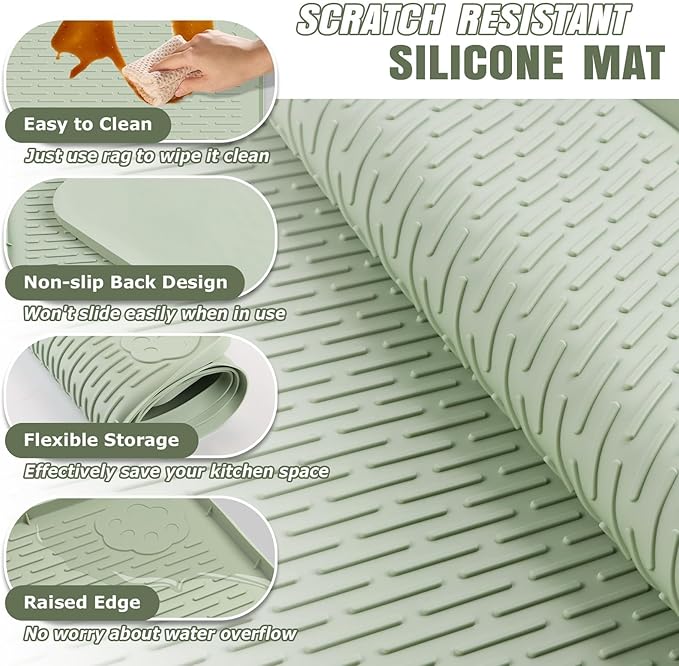 Kalolary Extra Large Silicone Dish Drying Mat 40 x 28 Drying Drainer Pad for Kitchen Counter Silicone Under Sink Mat with Raise EdgeWaterproof Pet Feeding Mat Bar Mat Non-Slip (Green)