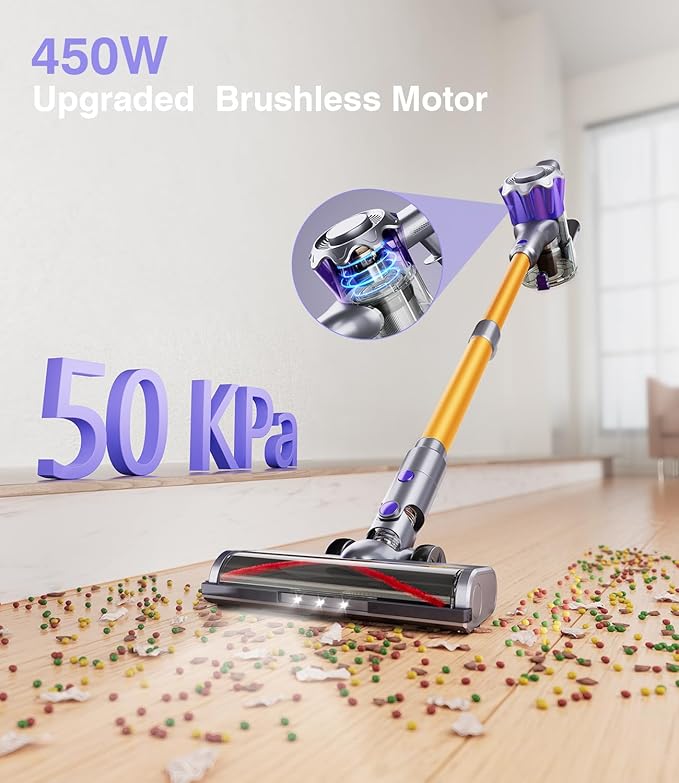 Cordless Vacuum Cleaner 450W 50Kpa Powerful Stick Vacuum Up to 70Mins Rechargeable Battery Vacuum Cleaners for Home Anti-Tangled Lightweight Handheld for Hardwood Floor Carpets Pet Hair