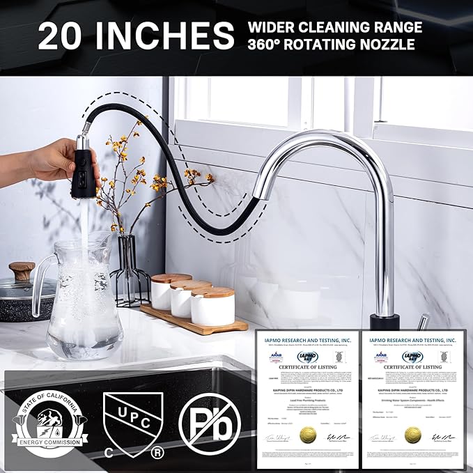 WEWE Kitchen Sink Faucet Pull Down Kitchen Faucet Black and Chrome Kitchen Faucet with Sprayer Stainless Steel Single Handle one or Three Hole for Laundry bar Kitchen Sinks