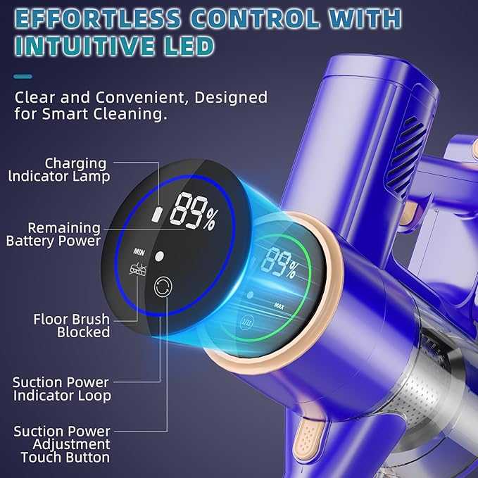 Cordless Vacuum Cleaner 180° Bendable Wand Stick Vacuum Cleaners with LED Touch Screen 8-in-1 Lightweight Rechargeable Vacuum with 1.5L Dust Cup for Home Hard Floor Low-Pile Carpet
