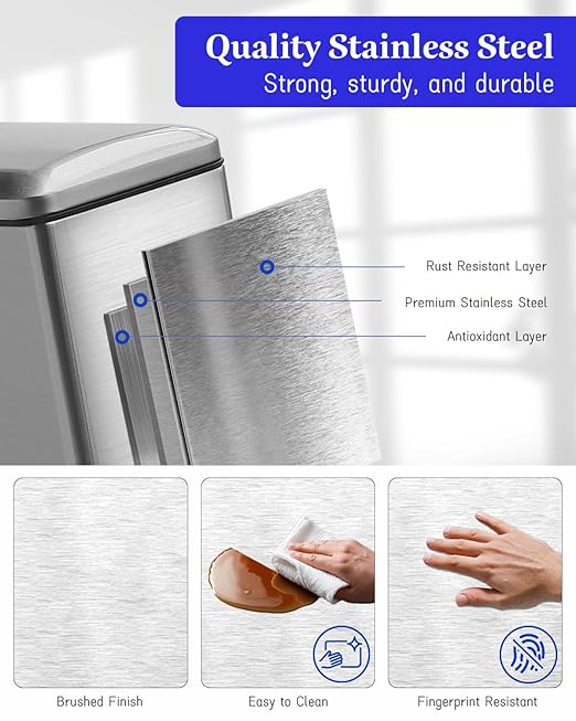 8 Gallon Kitchen Trash Can Stainless Steel Step Pedal Trash Can with Inner Bucket Soft Close Lid and Stays Open for Apartments RVs Dorms Offices or Bathrooms